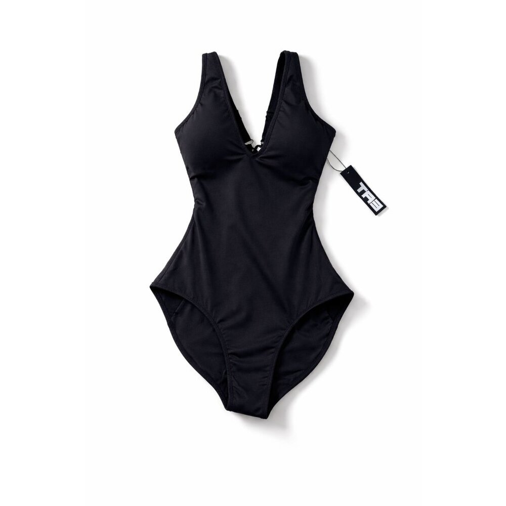 TA3 Plungey One Piece Swimsuit Black Large Long Torso Shaping Lace-Up Back